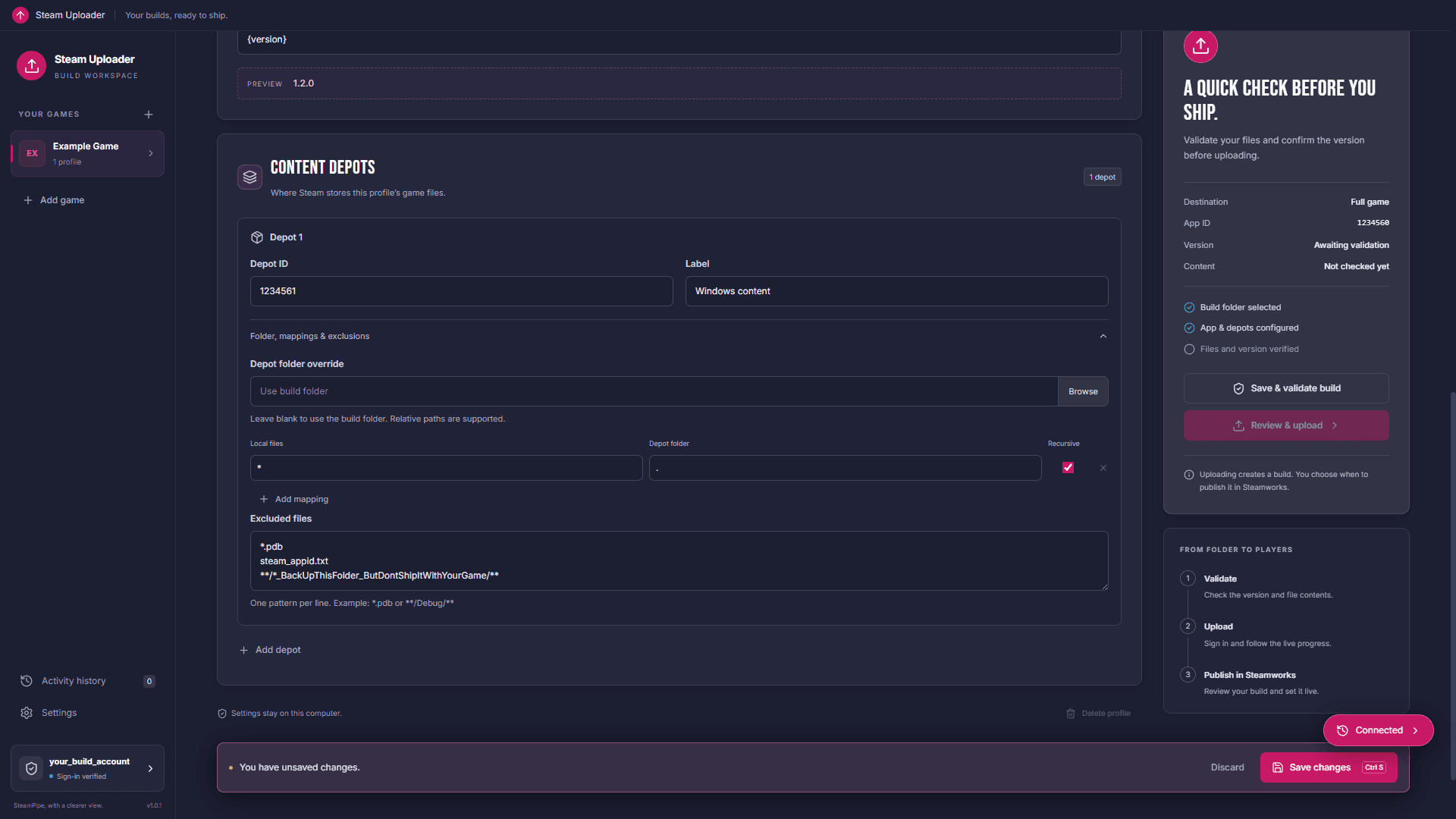 14. The depot folder, file mappings, recursive setting and exclusions.