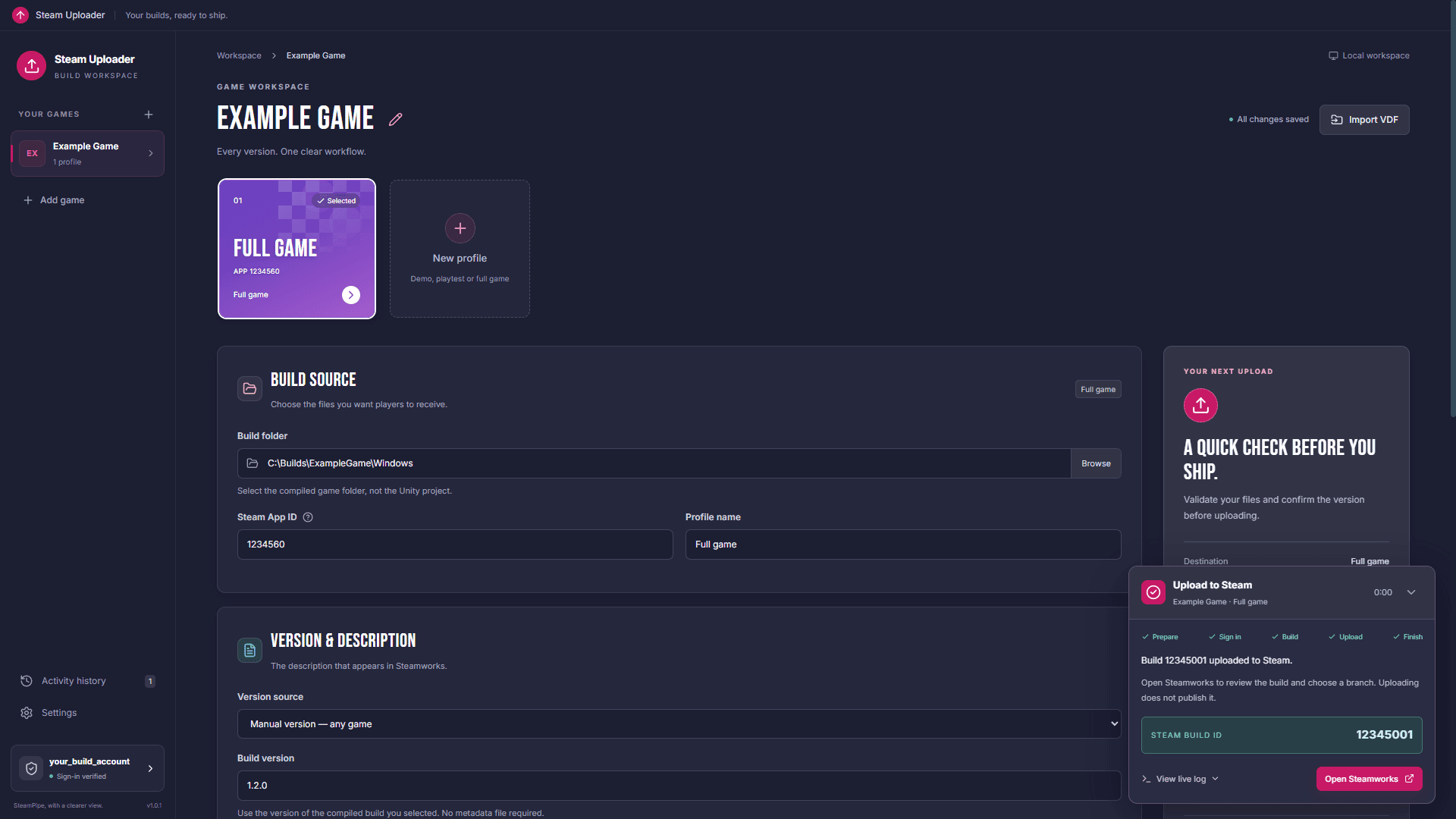 19. An illustrative success state with the confirmed Steam Build ID.