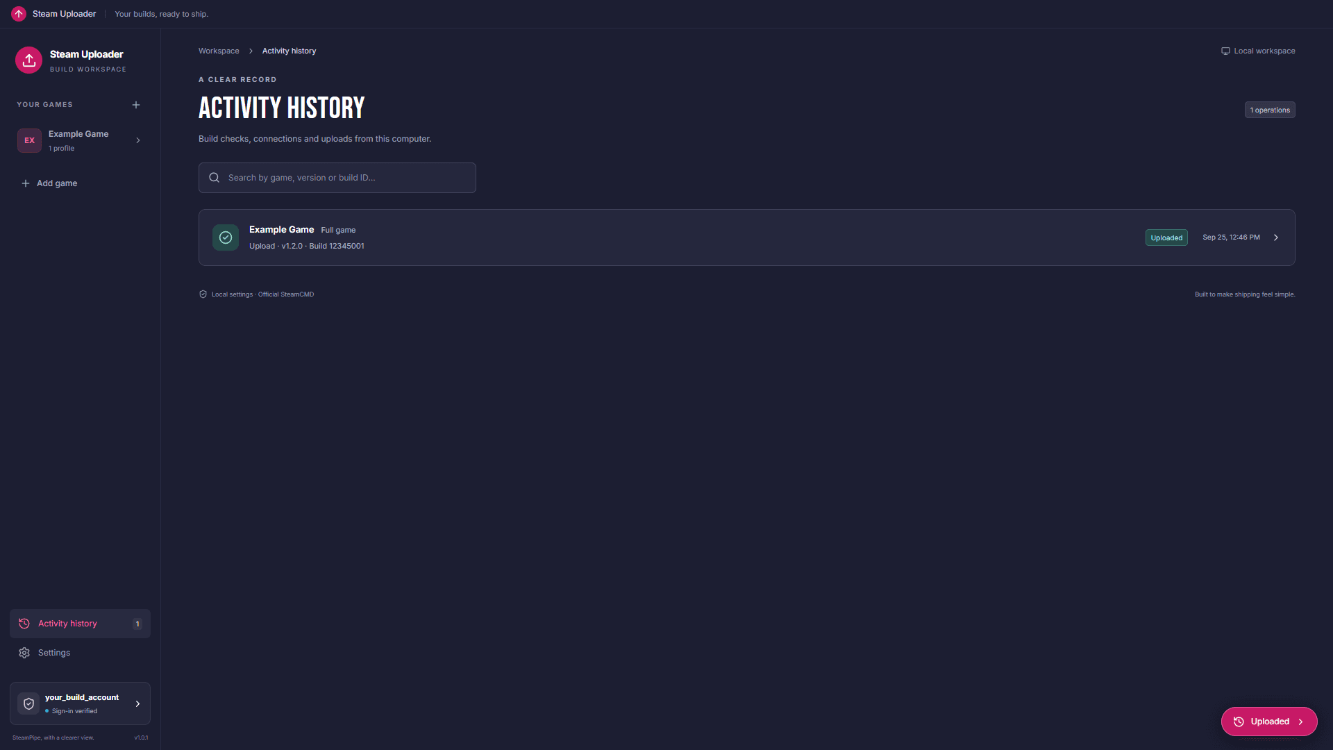 Upload activity and history
