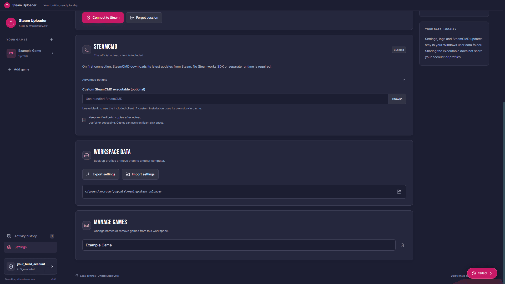22. Optional SteamCMD settings and local storage information.